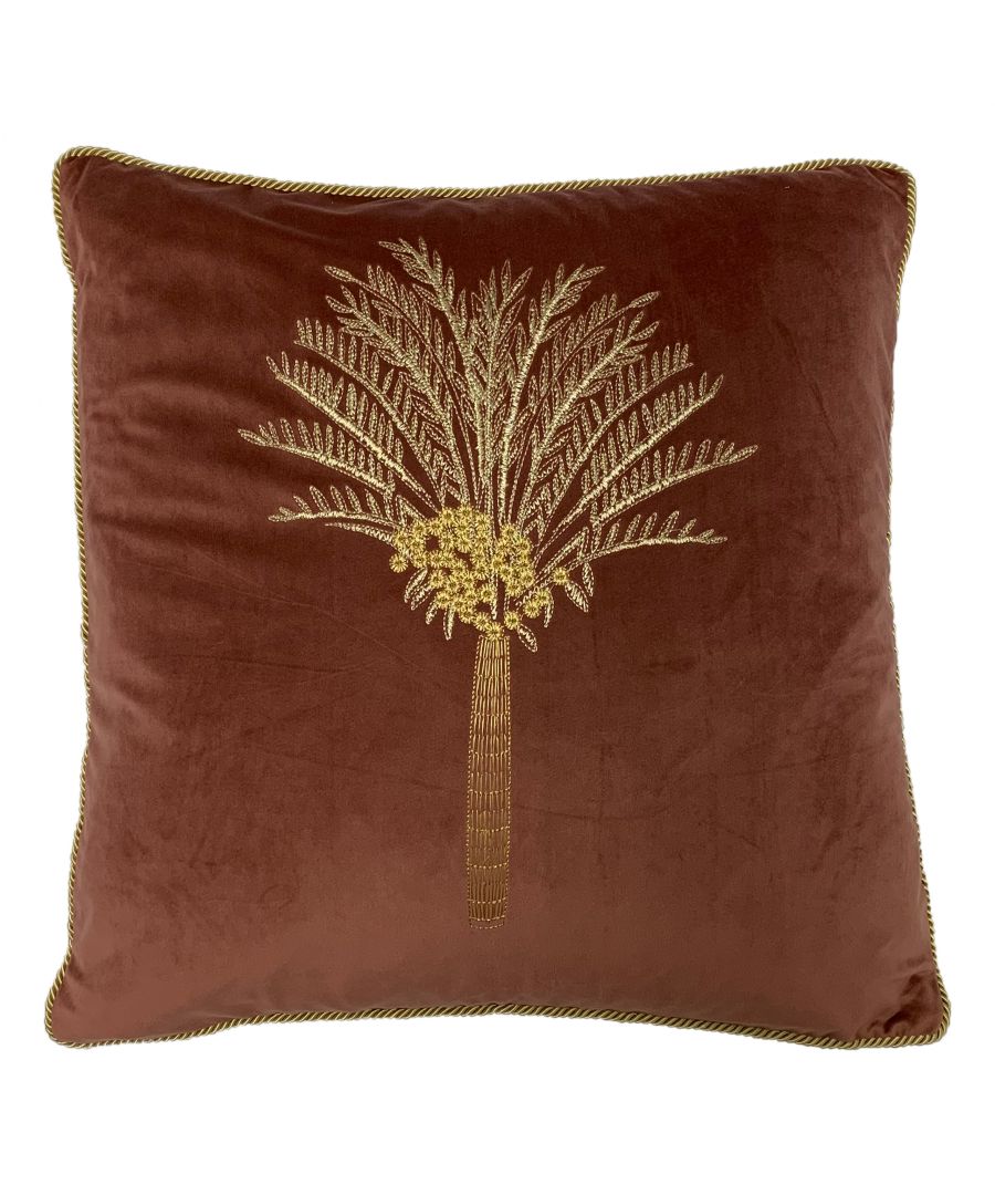Rose cotton cushion featuring a gold-embroidered palm tree design on a rich, deep red background, with a decorative trim along the edges, measuring 50 cm x 50 cm.