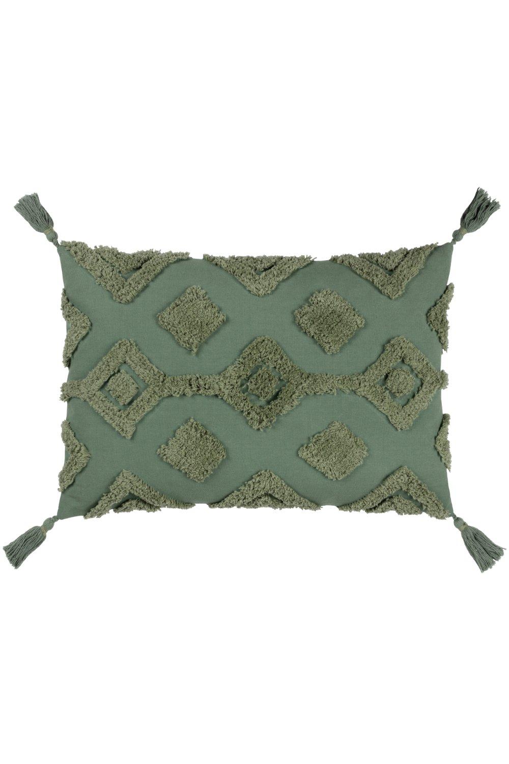 Green cotton cushion featuring diamond tufted design with textured patterns and tassels on each end, adding a cozy and decorative touch to any space.