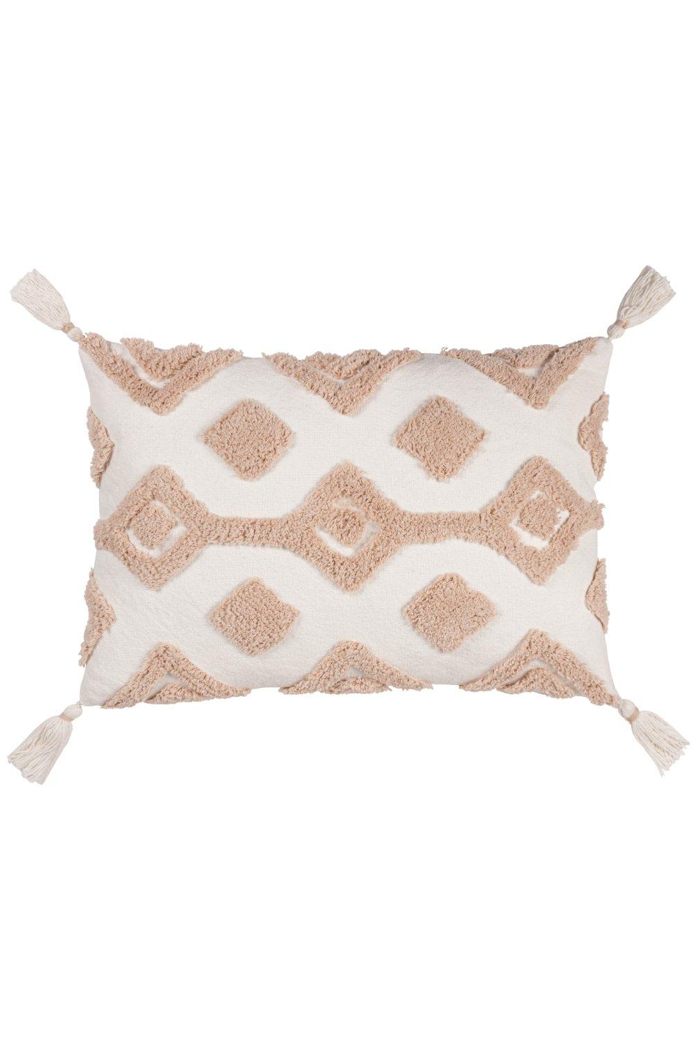 Rectangular cushion featuring a natural cotton cover with a diamond tufted design in beige and cream, accented by tassels on each end.