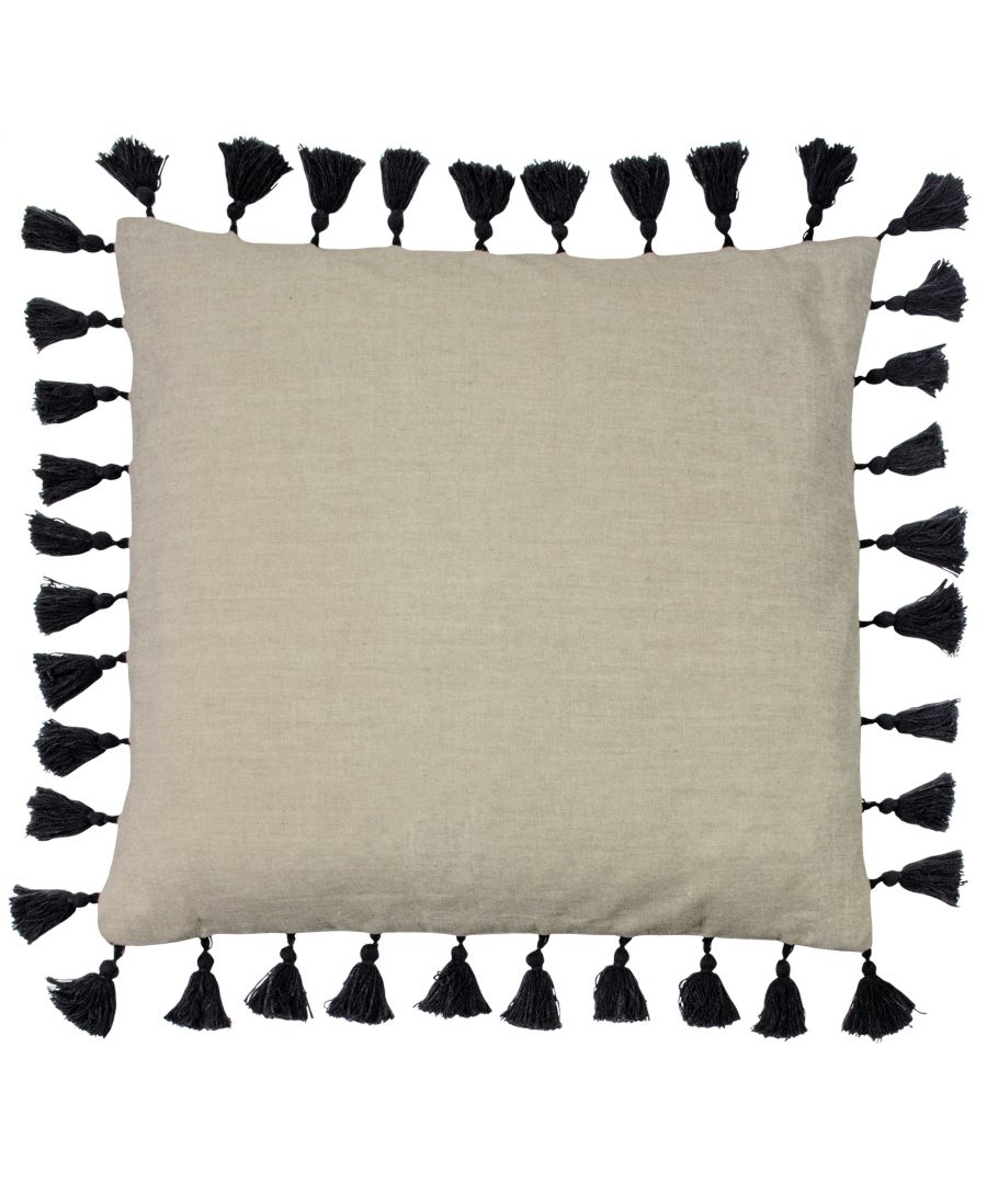 Square cushion in beige cotton, measuring 45 cm x 45 cm, featuring black tassels along the edges for a decorative touch.