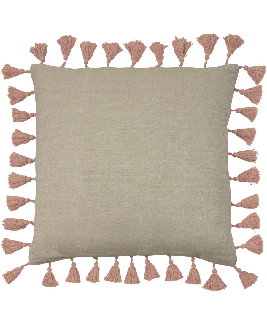 Blush cotton cushion measuring 45 cm x 45 cm, featuring a textured surface and decorative tassels in a matching blush color along the edges.