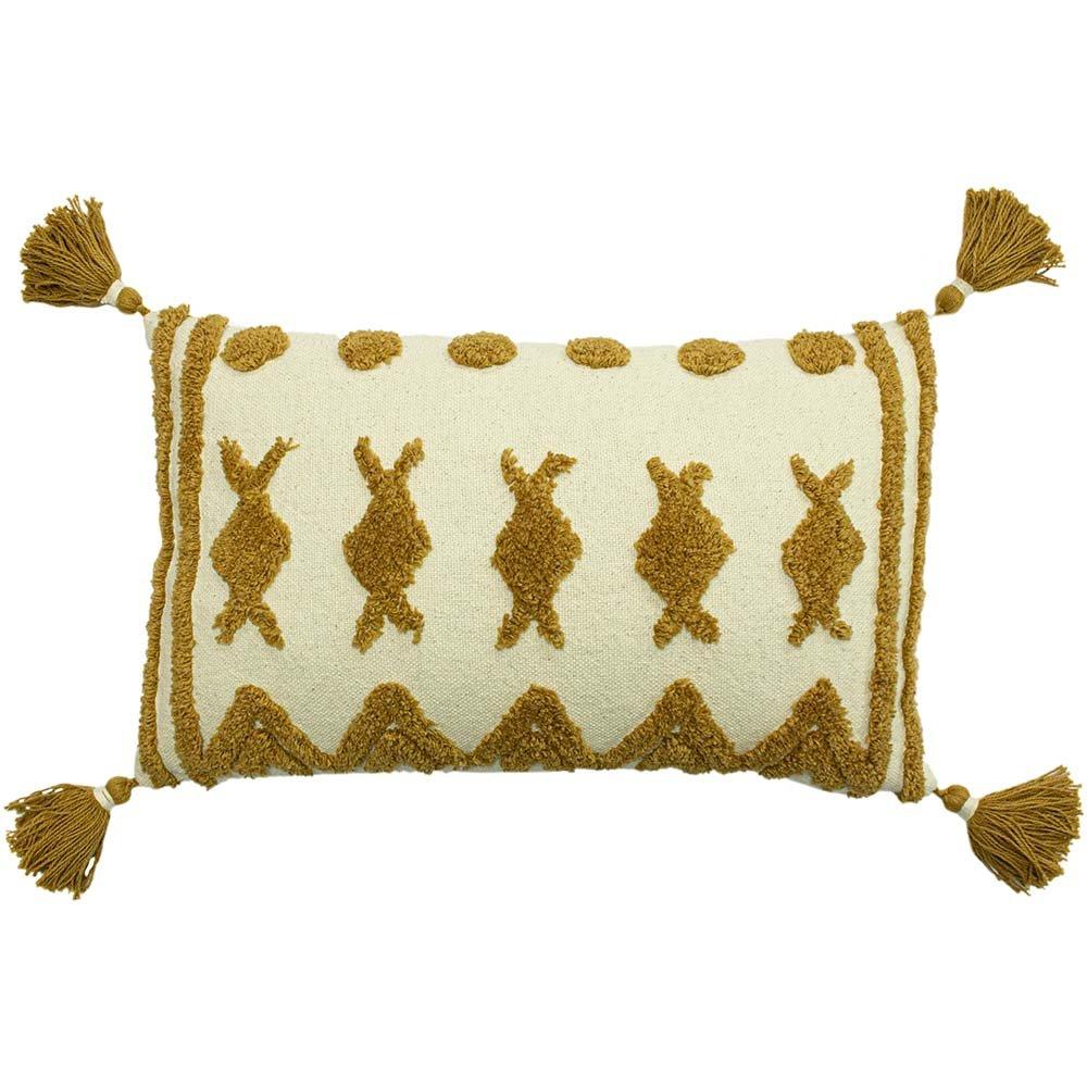 Rectangular ginger cotton cushion featuring textured bunny motifs, decorative tassels at each corner, and a cream background with a geometric design.