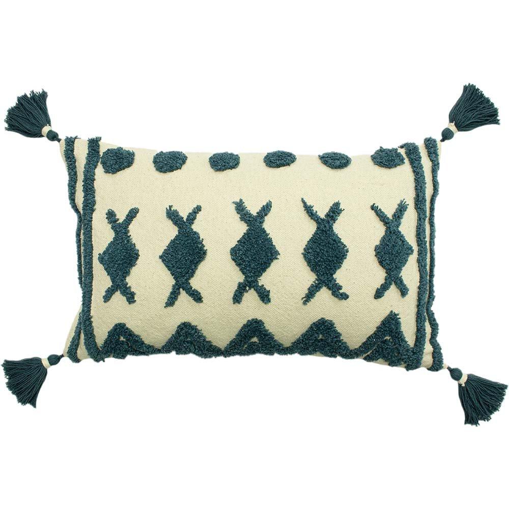 Teal cotton cushion with textured patterns and decorative tassels at each corner, featuring a cream background and geometric designs in darker teal.