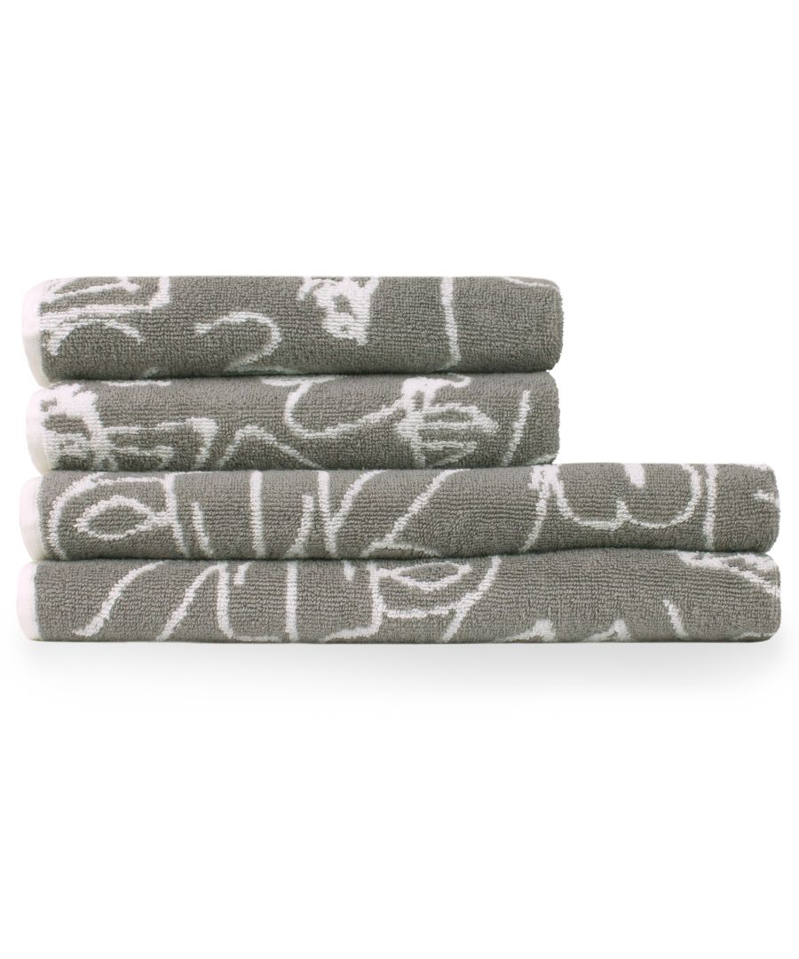 Four grey cotton towels stacked neatly, featuring a textured design in white, showcasing a soft and absorbent material suitable for everyday use.