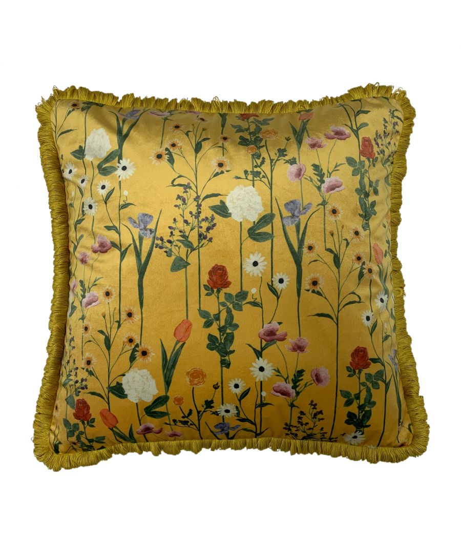 Yellow floral cushion featuring hand-drawn flowers in various colors, with a fringed edge for added texture.