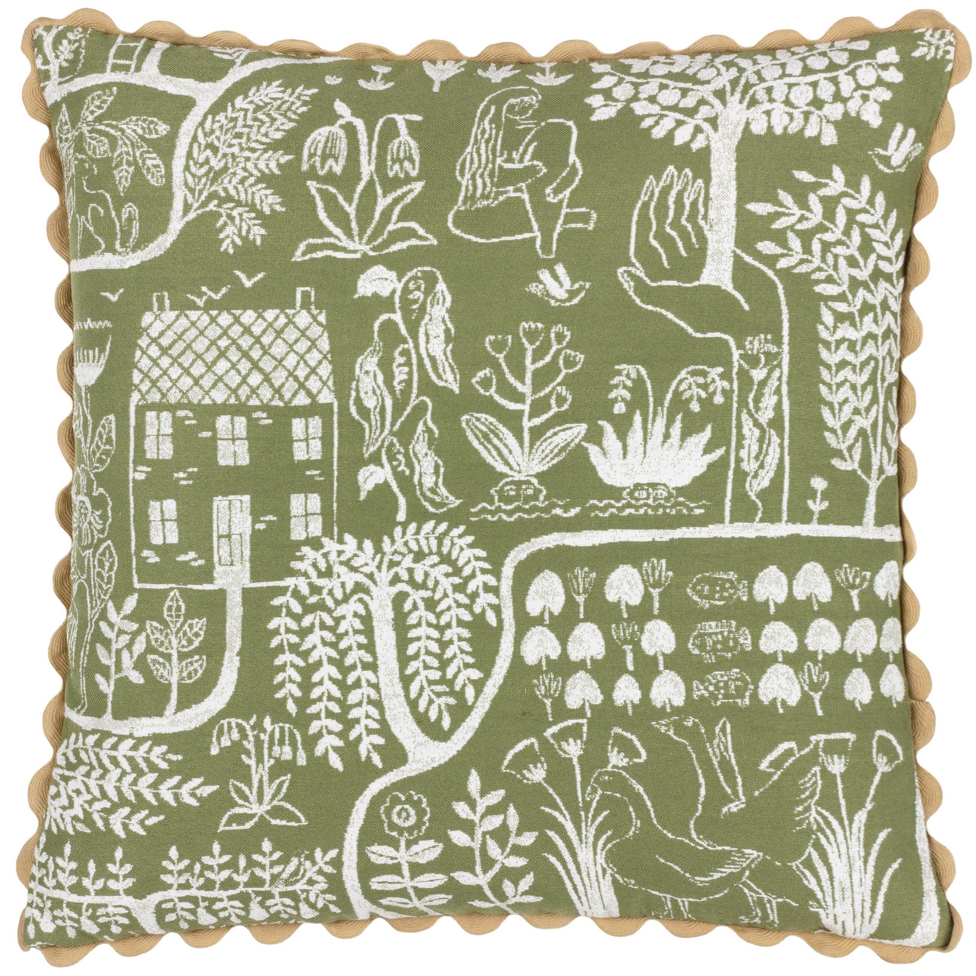 Green jacquard-filled cushion featuring intricate white embroidered designs of plants, figures, and a house, with a decorative scalloped edge. Size 45 cm x 45 cm.