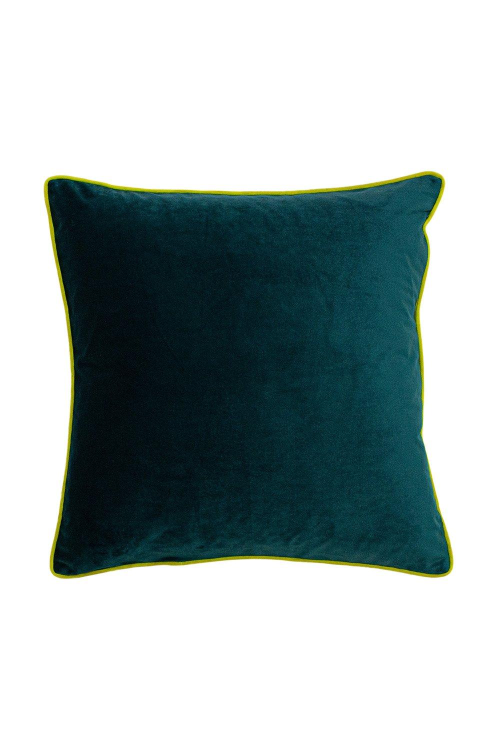 Teal velvet cushion with a soft texture, featuring a contrasting bright yellow piped edge, square shape, and a luxurious appearance.