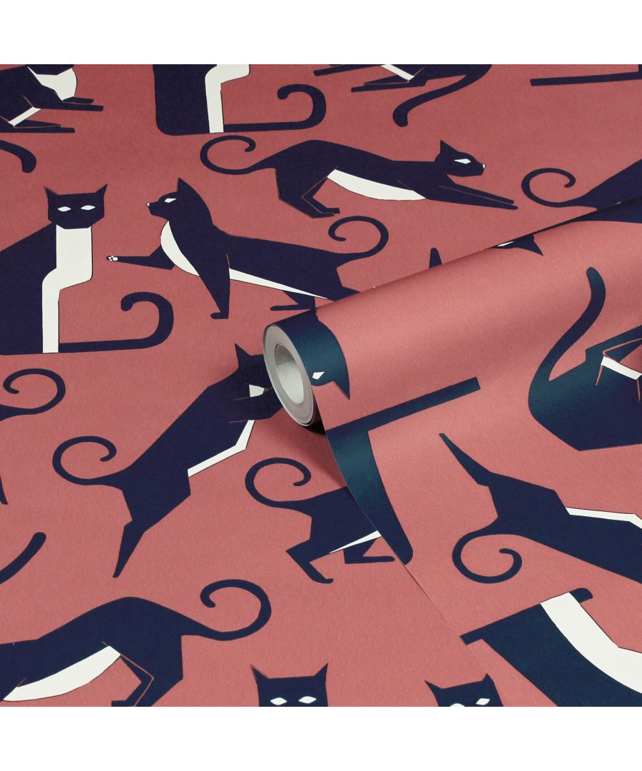 Geometric printed wallpaper featuring playful black and white cats on a pink background, showcasing a smooth, matte finish and vibrant colors.