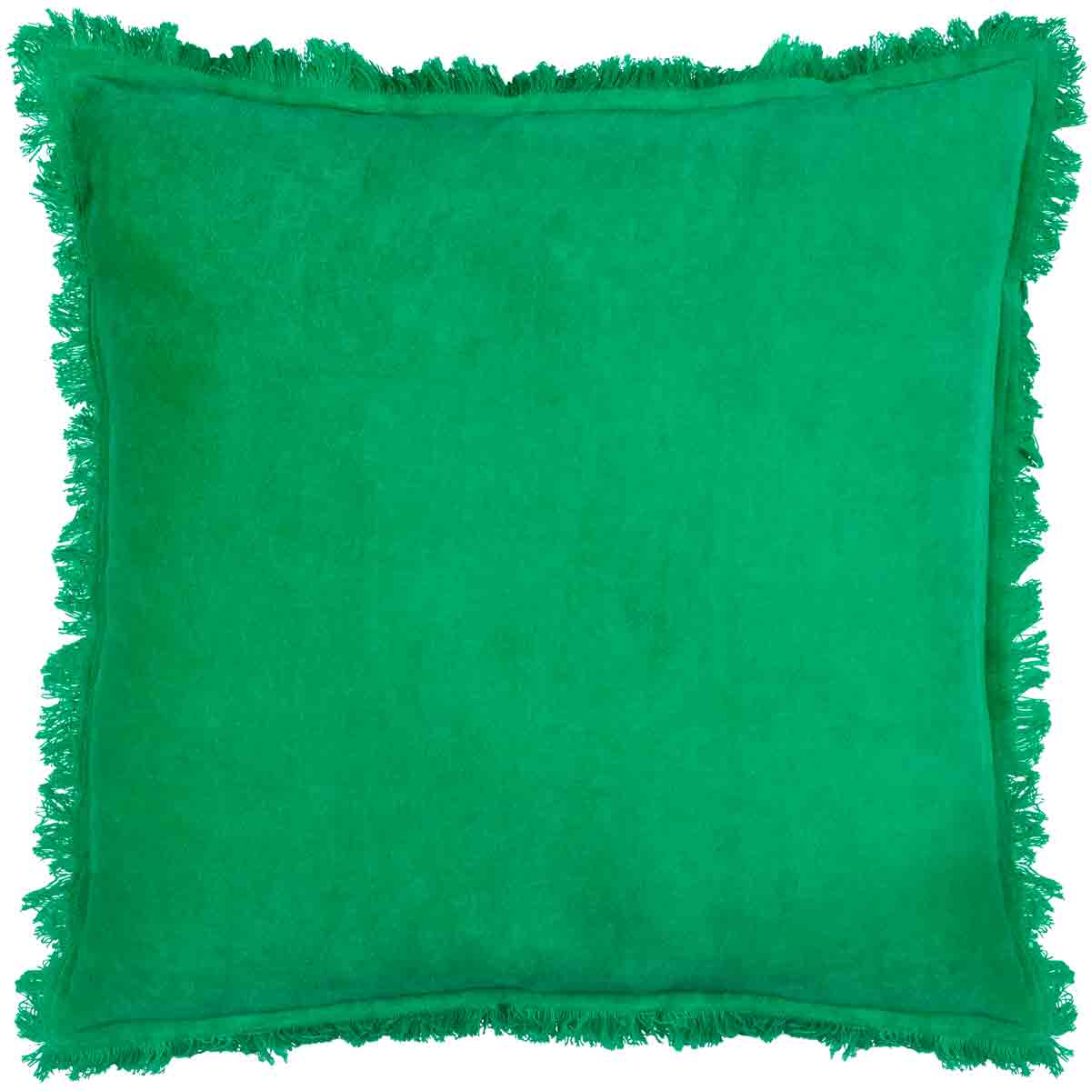 Emerald green velvet cushion with fringed edges, measuring 45 cm x 45 cm, featuring a soft texture and a vibrant color perfect for adding a pop to any decor.