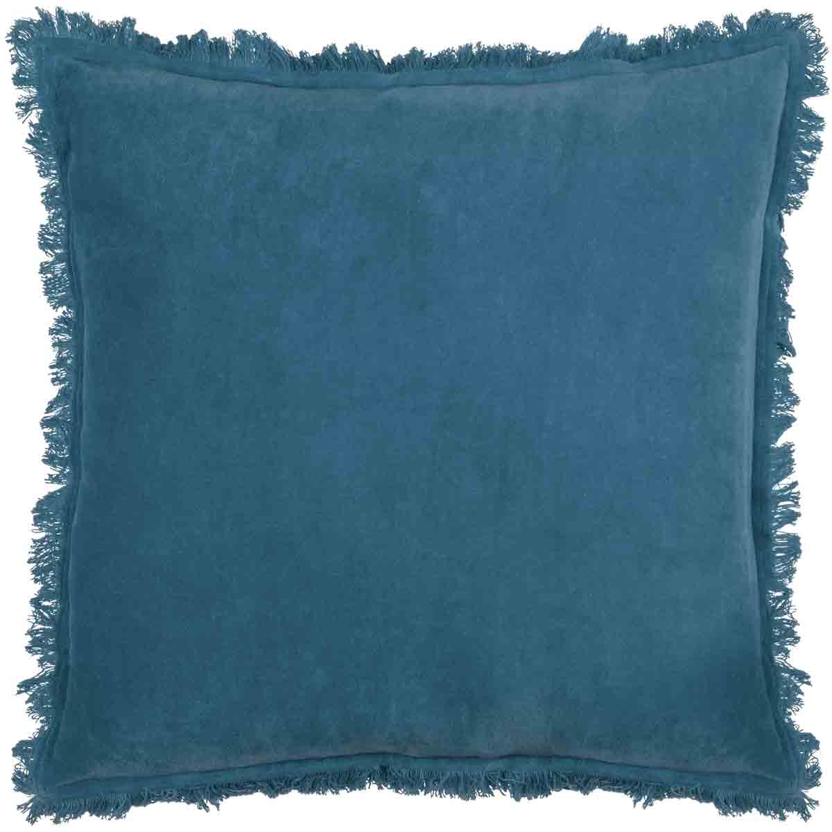 Dark blue, 100% cotton velvet cushion with a soft texture and fringed edges, measuring 45cm x 45cm, perfect for adding a touch of elegance to any decor.
