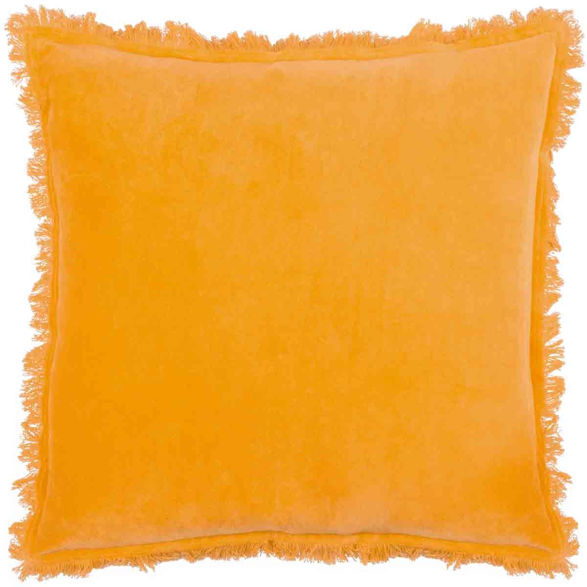 Mustard yellow velvet cushion with a soft texture, featuring fringed edges, measuring 45 cm x 45 cm, perfect for adding a pop of color to any decor.