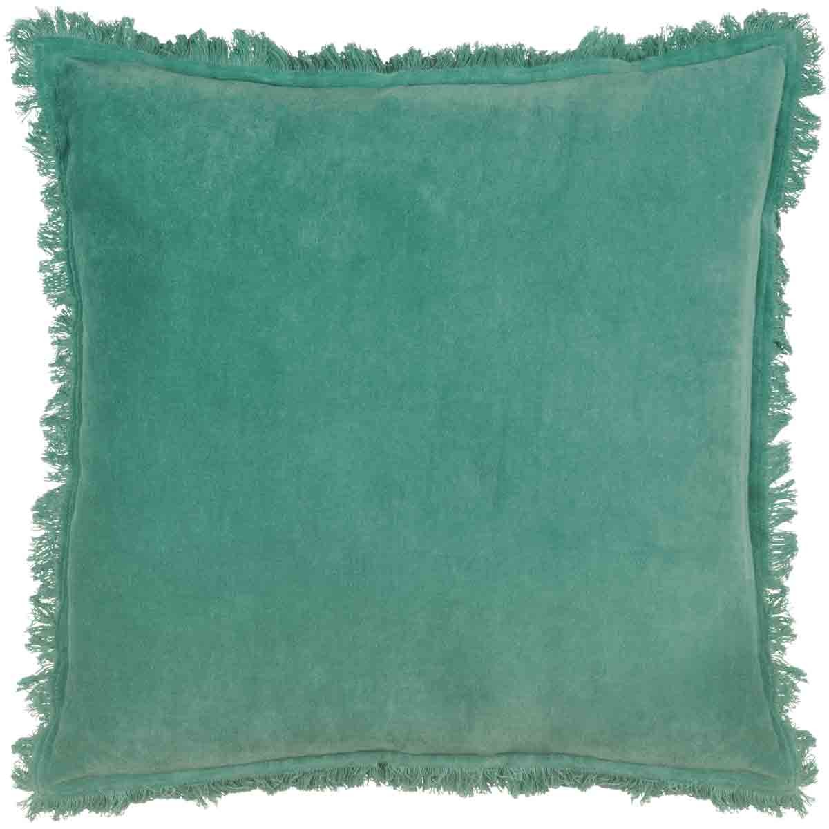 Teal velvet cushion with a soft texture, featuring fringed edges, measuring 45 cm x 45 cm, perfect for adding a pop of color to any decor.