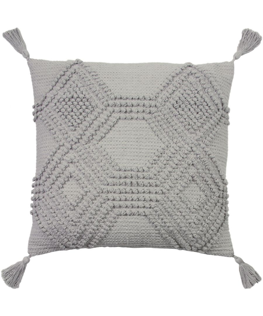 Grey cotton cushion measuring 45 cm x 45 cm, featuring a textured geometric pattern and decorative tassels on each corner.