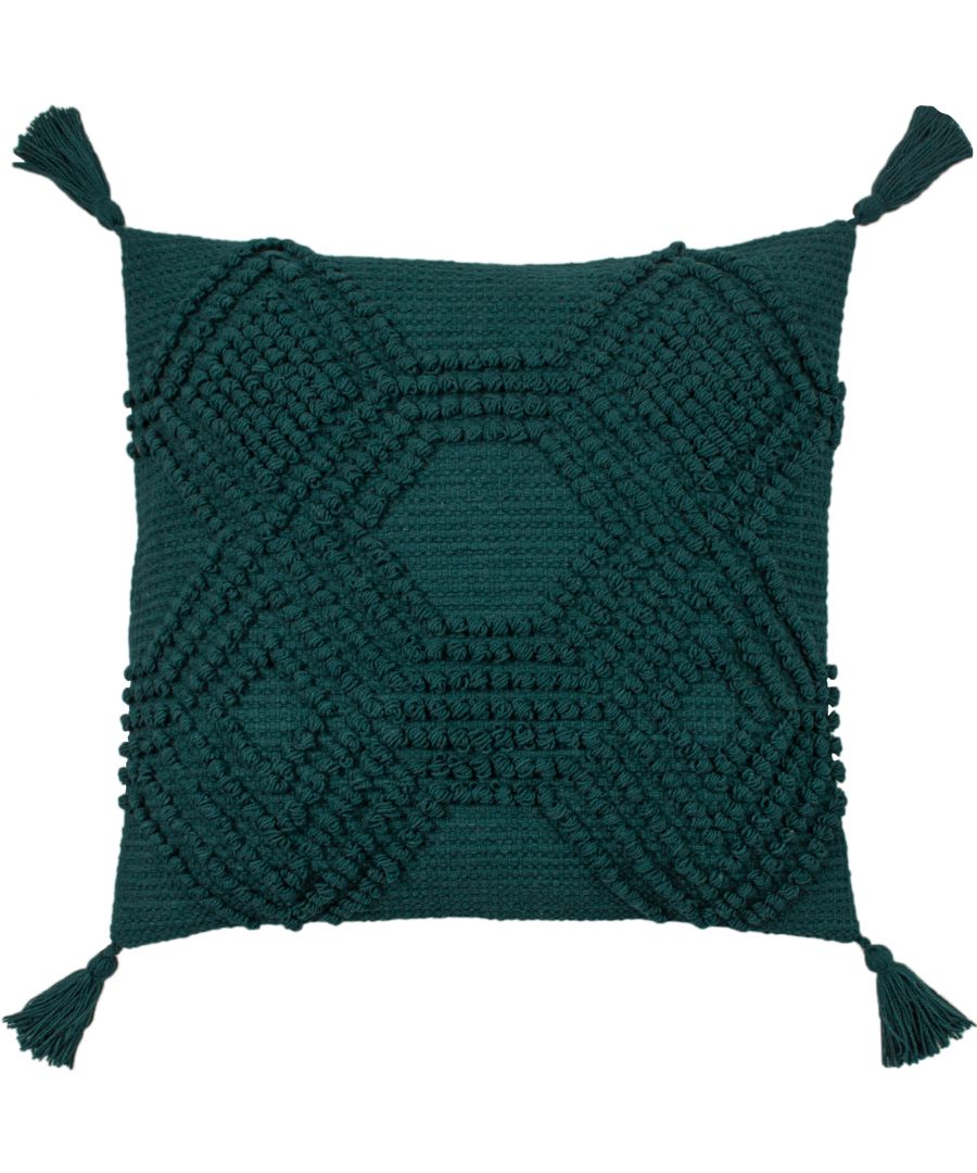 Teal cotton cushion measuring 45 cm x 45 cm, featuring textured geometric patterns and decorative tassels at each corner.