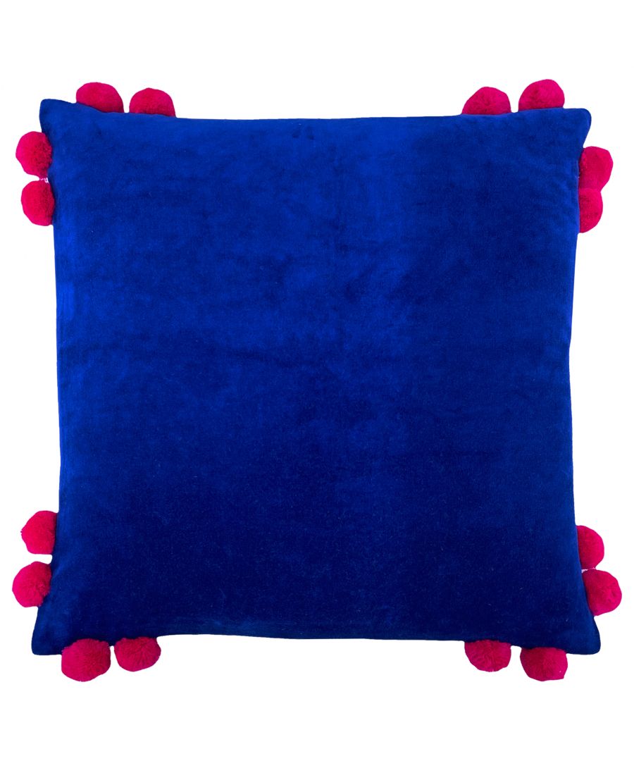 Blue cotton velvet cushion filled with soft material, featuring vibrant pink pom-poms on each corner for a playful touch.