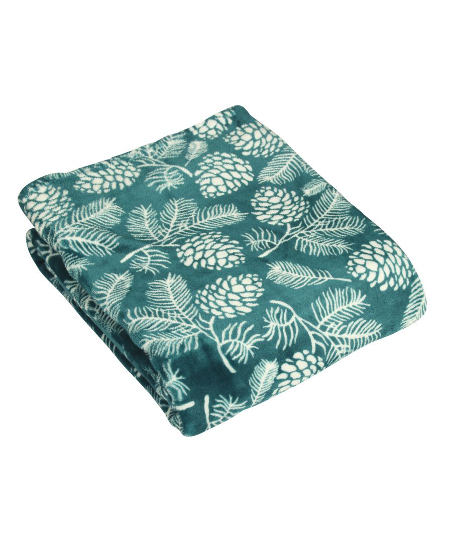 Green Irwin throw blanket measuring 140 cm x 180 cm, featuring a soft fabric adorned with a white pinecone and leaf pattern.