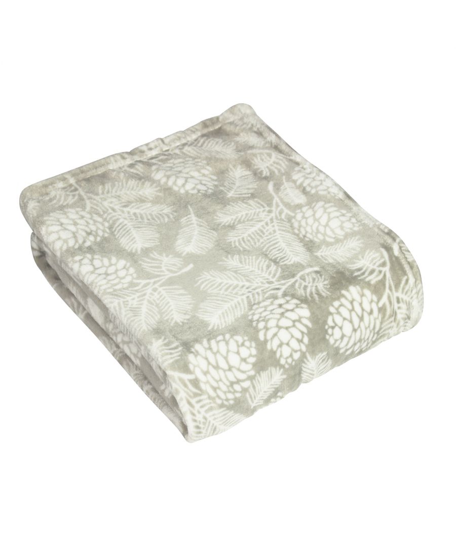 Stone-colored fleece throw featuring a woodland pinecone and fern pattern, soft texture, and a cozy, folded design, perfect for adding warmth to any space.