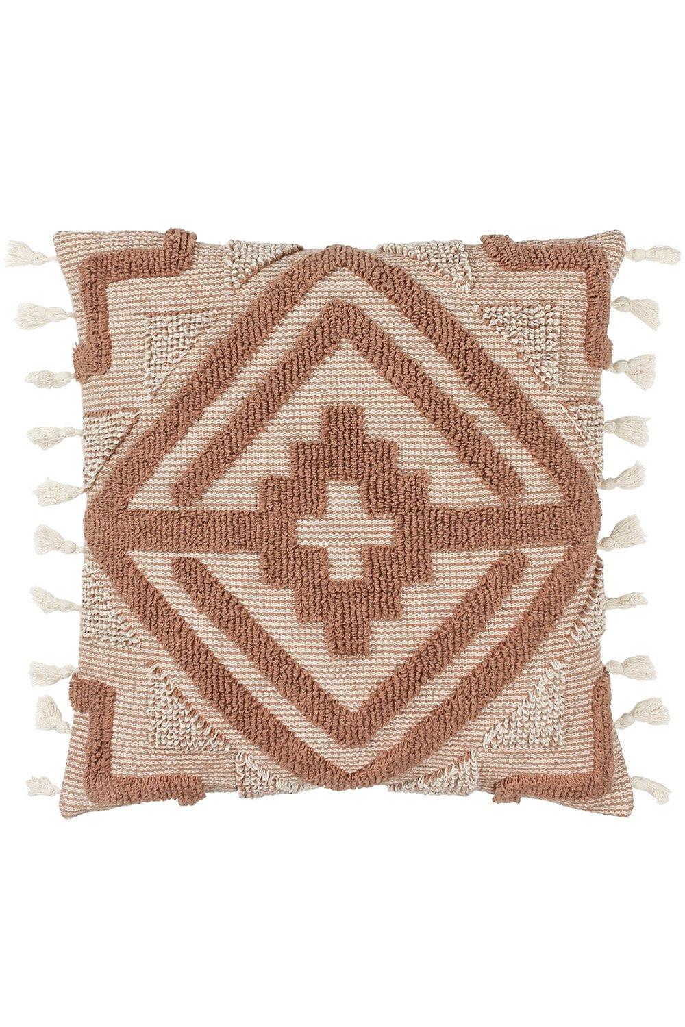 Beige polycotton cushion featuring a geometric tufted design with a diamond pattern and decorative tassels on each corner.