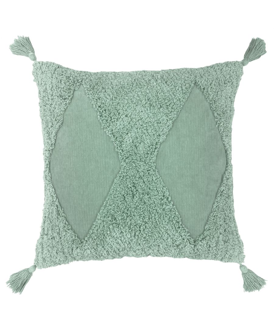 Green cotton cushion featuring tufted diamond patterns, textured shaggy edges, and corner tassels for added detail.
