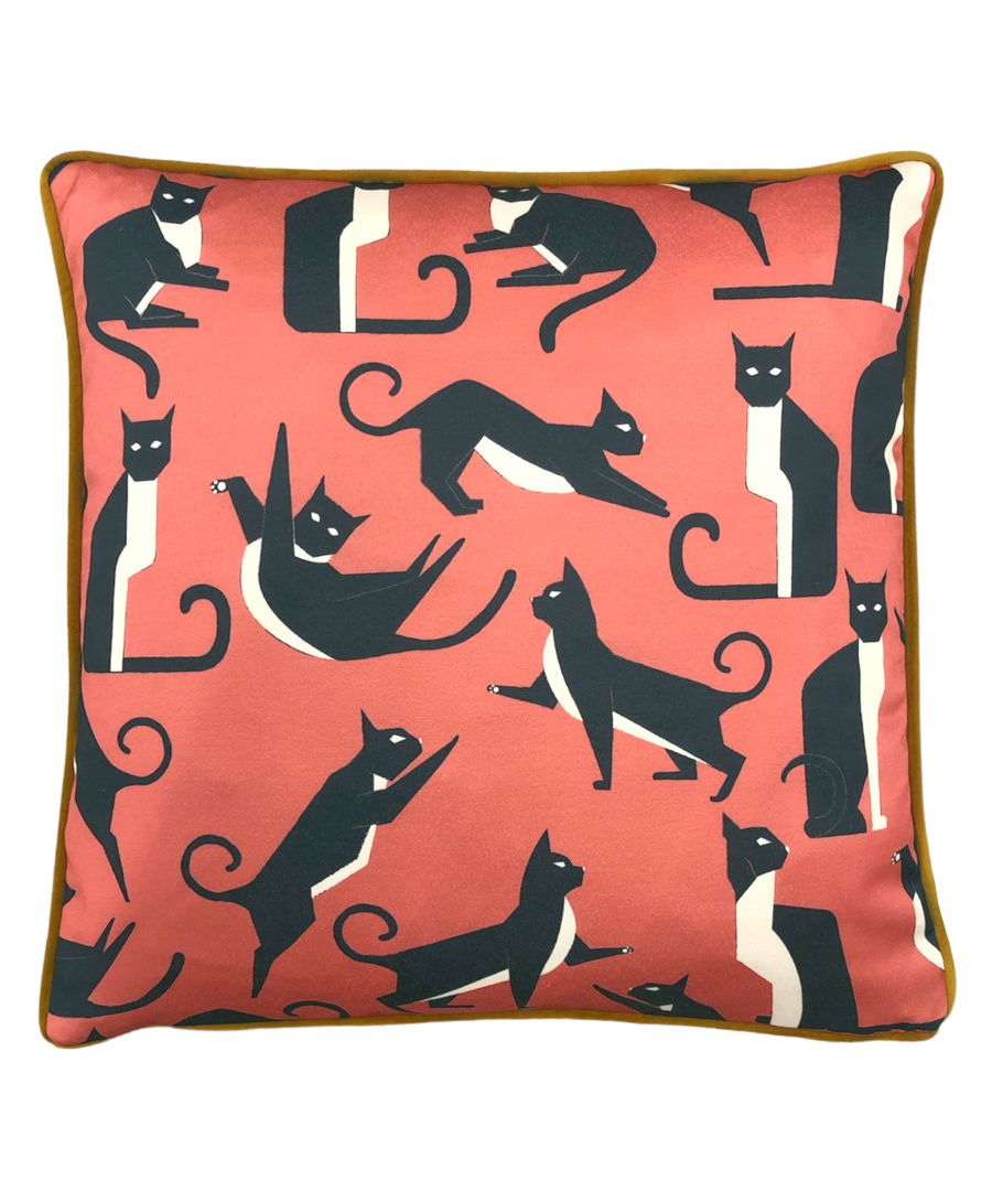 Pink cushion featuring a playful geometric cat pattern in black and white, with a contrasting yellow trim, made from soft fabric.