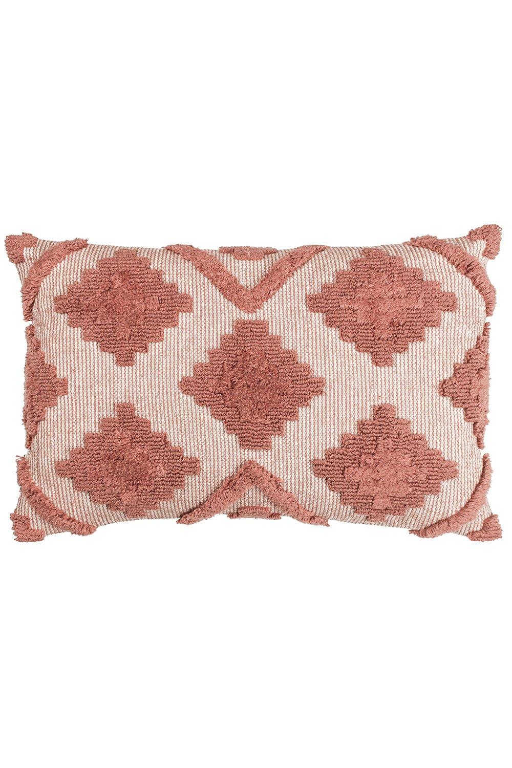 Burgundy geometric tufted loop cushion featuring a textured design with diamond patterns, made of cotton and polycotton, with fringed edges for added detail.