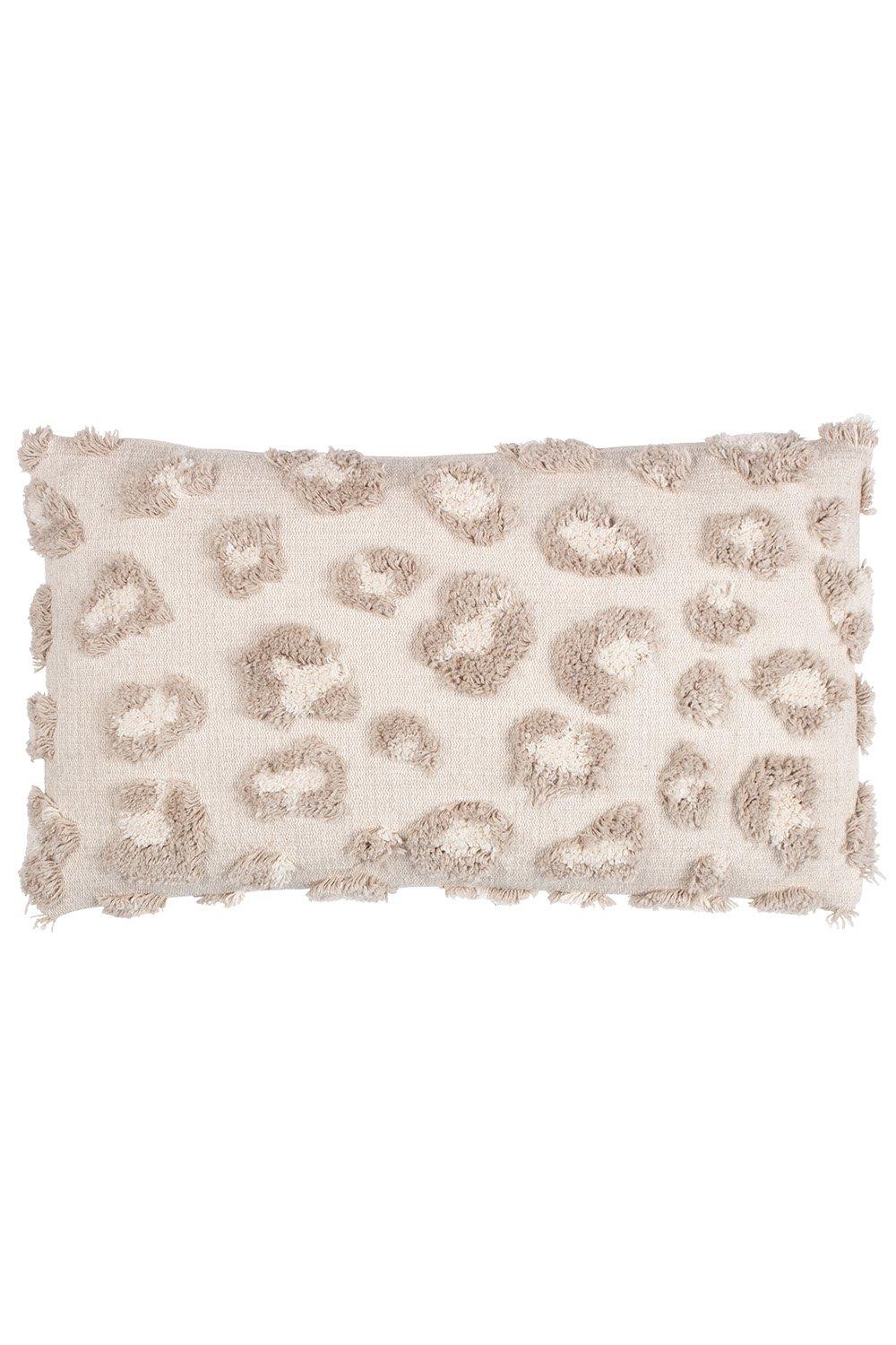 Natural cotton cushion featuring a tufted tonal leopard print design in soft beige and cream, with textured fringed edges for added detail.
