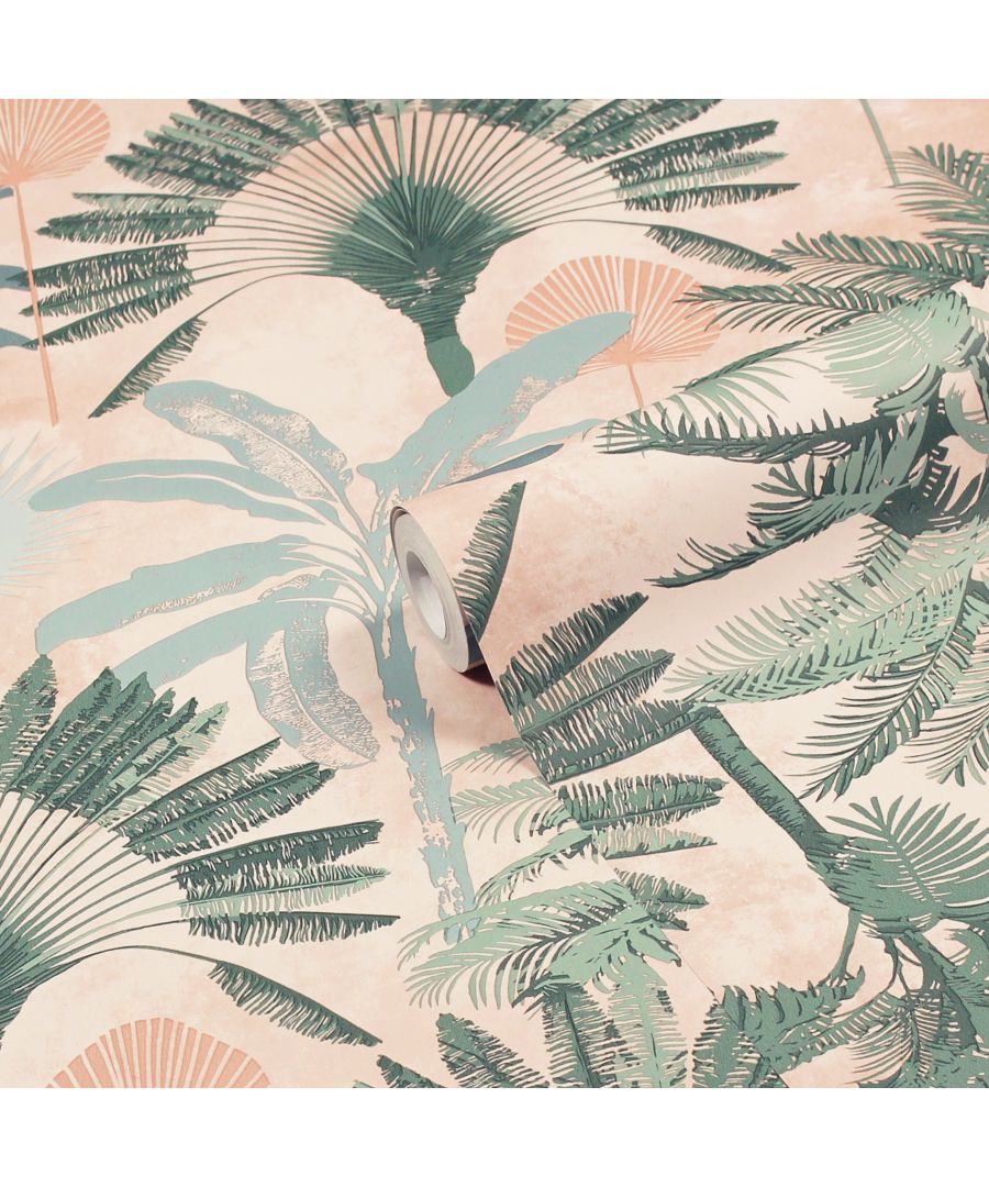 Malaysian palm printed wallpaper in blush tones features green palm leaves and subtle circular patterns, showcasing a tropical design on textured material.