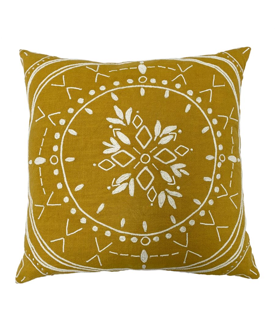 Ochre orange cotton cushion featuring a white mandala design with intricate patterns, measuring 45x45 cm, perfect for adding a vibrant touch to any space.