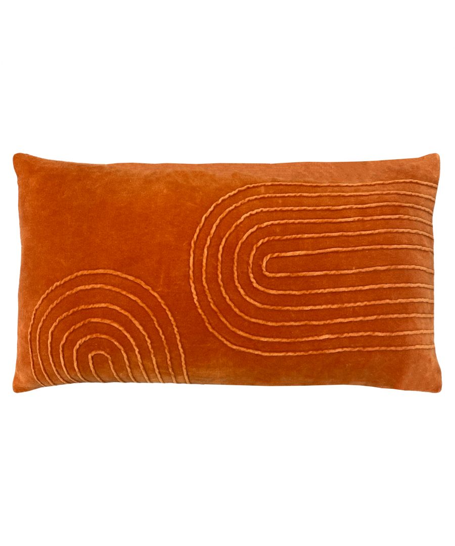 Soft velvet cushion in vibrant orange featuring pleated, curved line patterns for a stylish accent in home decor.