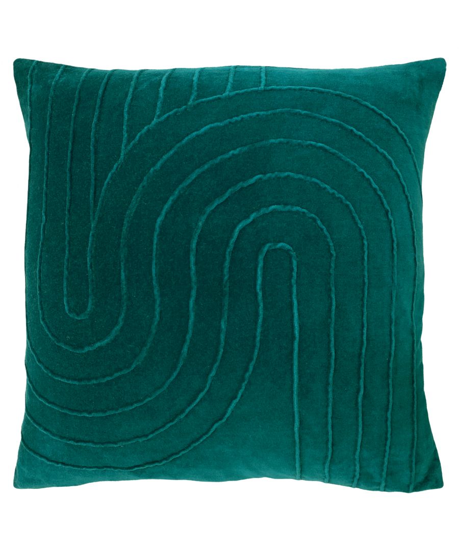 Teal square cushion made of cotton velvet, featuring a textured pleated design with curved lines, adding a modern touch to home decor.
