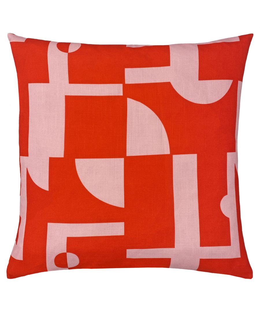 Red cushion featuring an abstract geometric print in light pink, measuring 50cm x 50cm, made from soft fabric for a modern decorative touch.