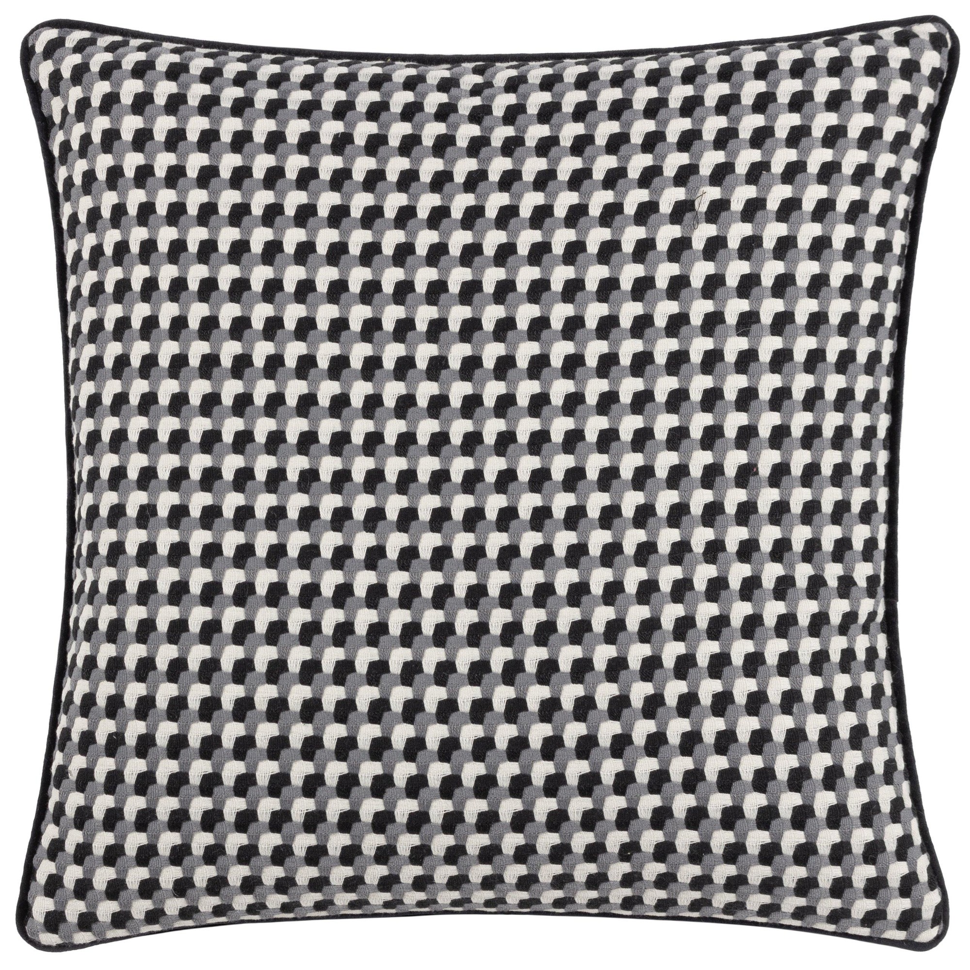 Black and cream geometric jacquard cushion, 45 cm x 45 cm, featuring a textured pattern with a contrasting black border.