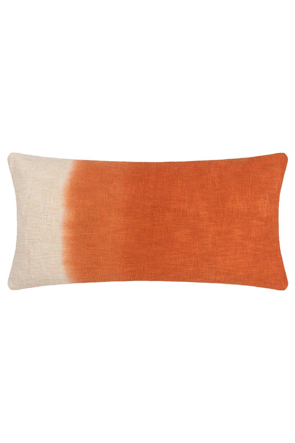 Rectangular cushion featuring a dip-dye design, transitioning from a light beige to a vibrant orange, made of polyester and filled for comfort.