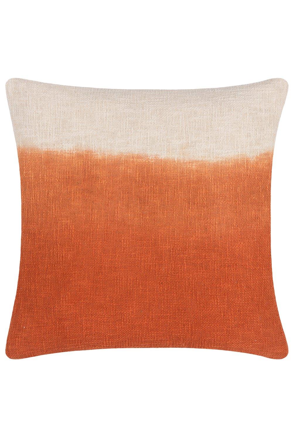Square cushion featuring a dip dye design in amber tones, transitioning from light beige at the top to a rich orange at the bottom, made from soft polyester and measuring 50cm x 50cm.