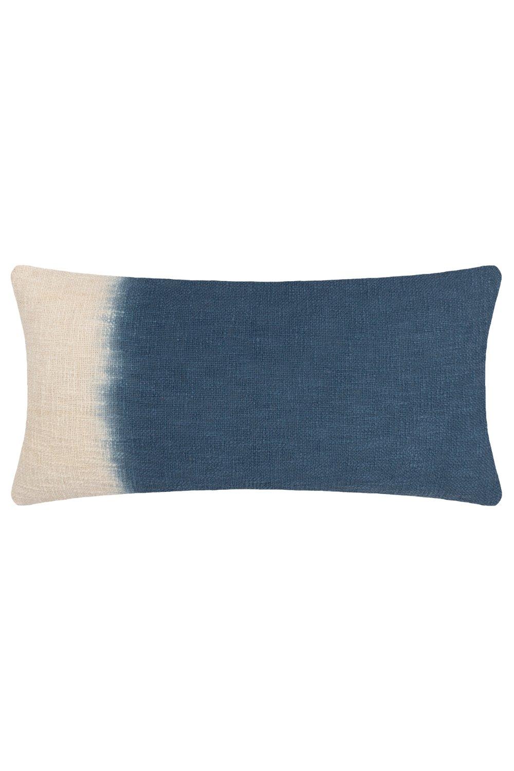 Rectangular cushion featuring a blue cotton fabric with a dip dye effect, transitioning from a light beige to deep blue, designed for comfort and style.