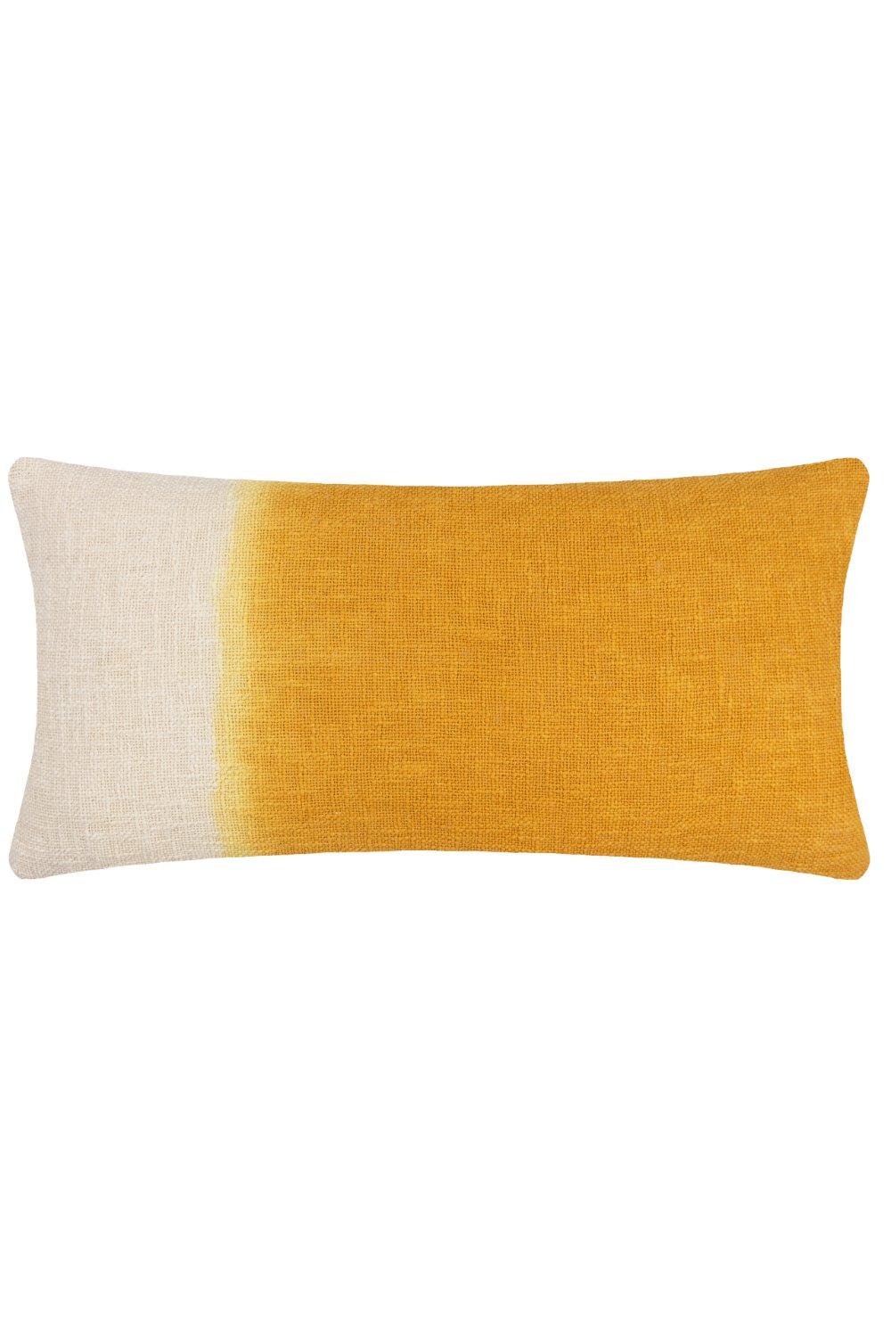 Rectangular cushion featuring a dip-dye design transitioning from cream to vibrant yellow, made of polyester with a textured finish.
