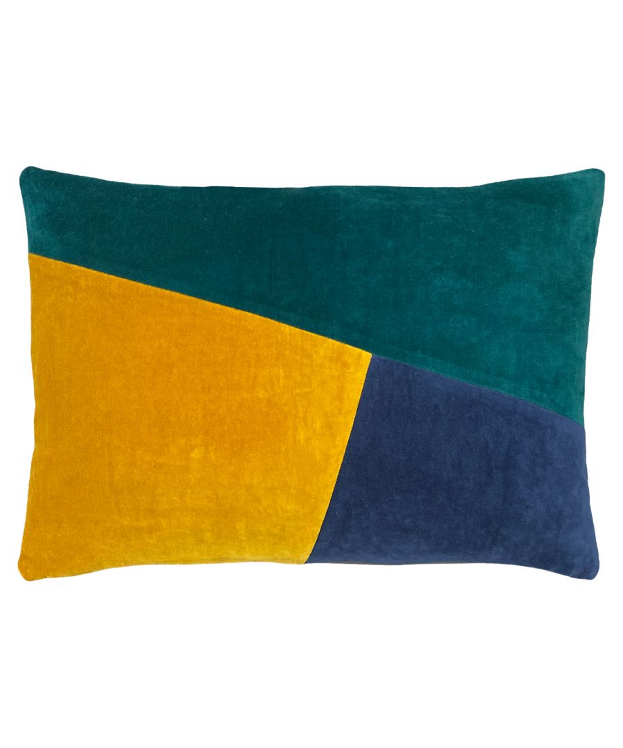 Rectangular cushion featuring a colour-block design in teal, mustard yellow, and navy blue, made of soft cotton velvet for a luxurious feel.