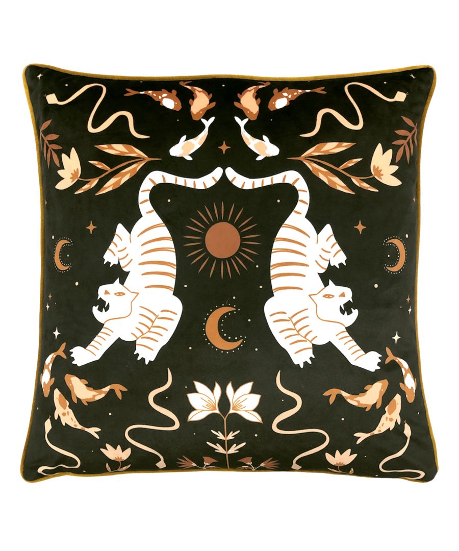 Multicoloured cushion featuring a dark background with white tigers, koi fish, and botanical motifs, accented by gold and green details, made from soft fabric.