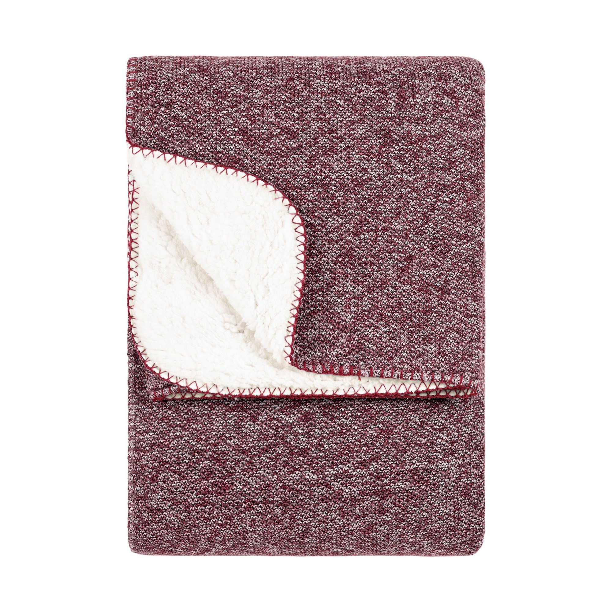 Burgundy knitted sherpa reverse throw blanket, measuring 130cm x 180cm, featuring a soft, textured exterior and a cozy, plush interior with contrasting stitching.