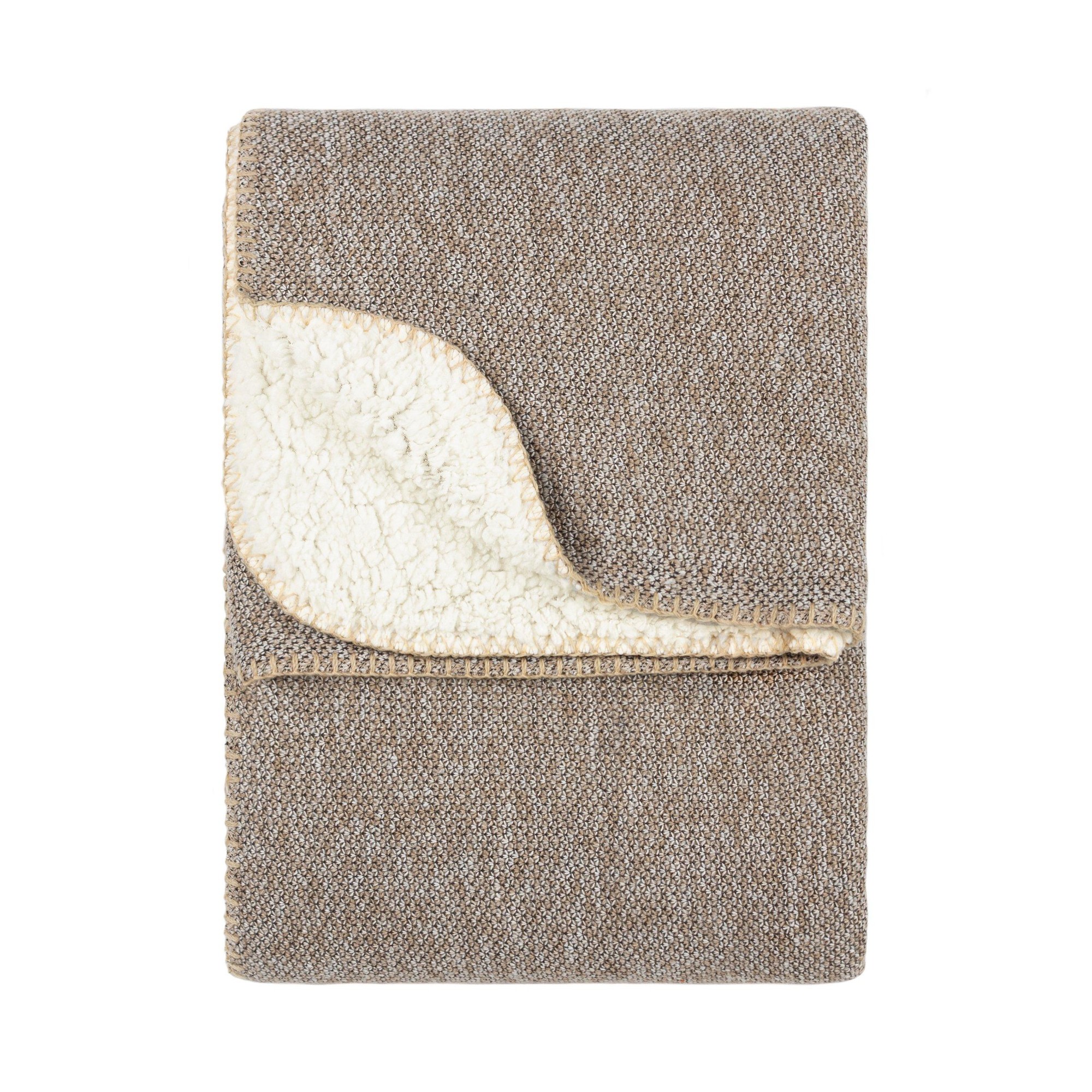 Natural-colored knitted throw blanket featuring a soft, cream fleece lining on one edge, measuring 130 cm x 180 cm, perfect for cozying up.