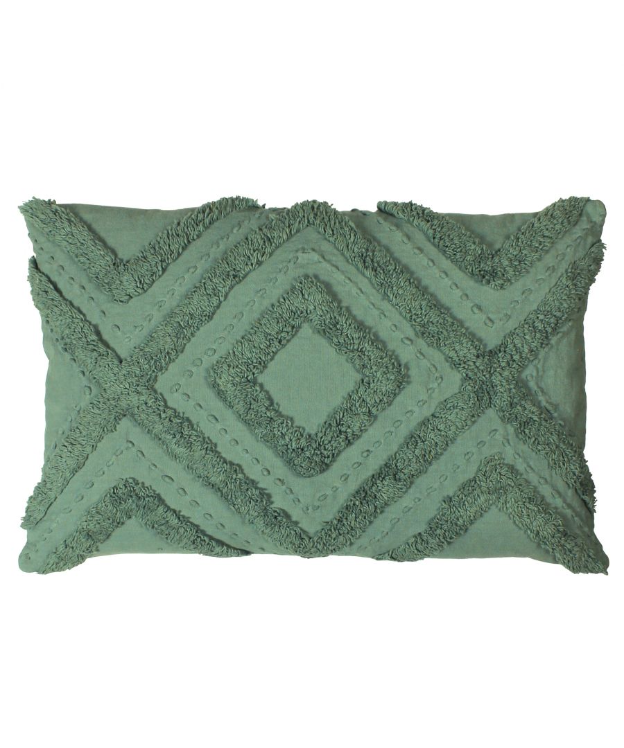 Green cotton cushion measuring 30 cm x 50 cm, featuring textured diamond and zigzag patterns with plush, tufted detailing for added comfort and style.