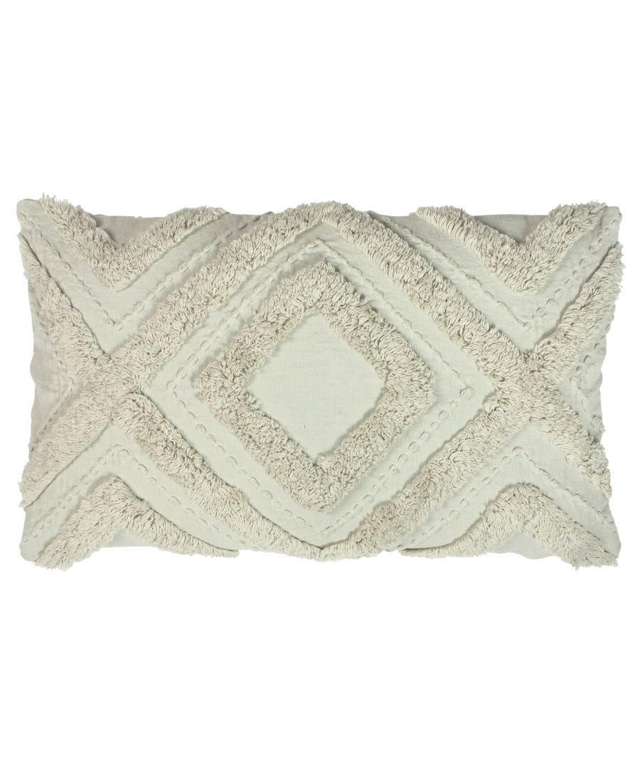 Taupe geometric tufted cushion featuring textured diamond and zigzag patterns, made from soft fabric with a plush, cozy feel.