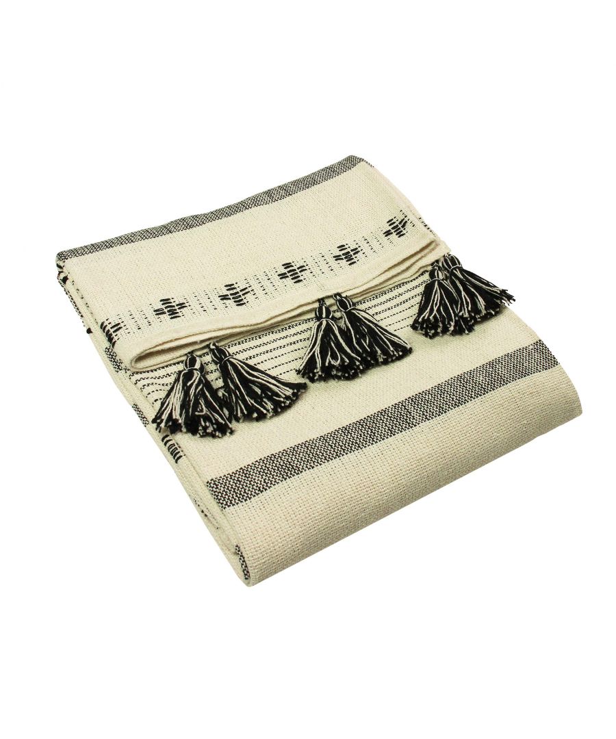 Black cotton throw blanket featuring a woven design with decorative tassels along one edge, showcasing a blend of neutral tones and intricate patterns.