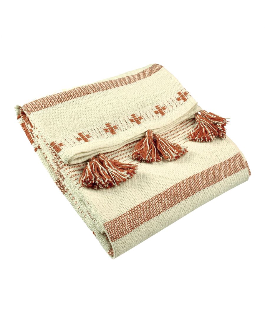 Orange cotton throw blanket featuring a woven design with cream stripes and decorative tassels at the ends, designed for versatile use in any space.
