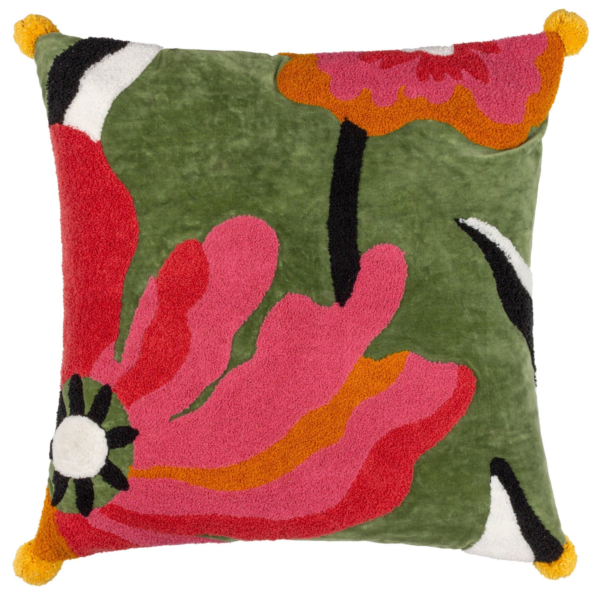 Square cushion featuring vibrant poppy floral embroidery in pink, orange, and black on a textured green background, with yellow pom-pom accents at the corners.