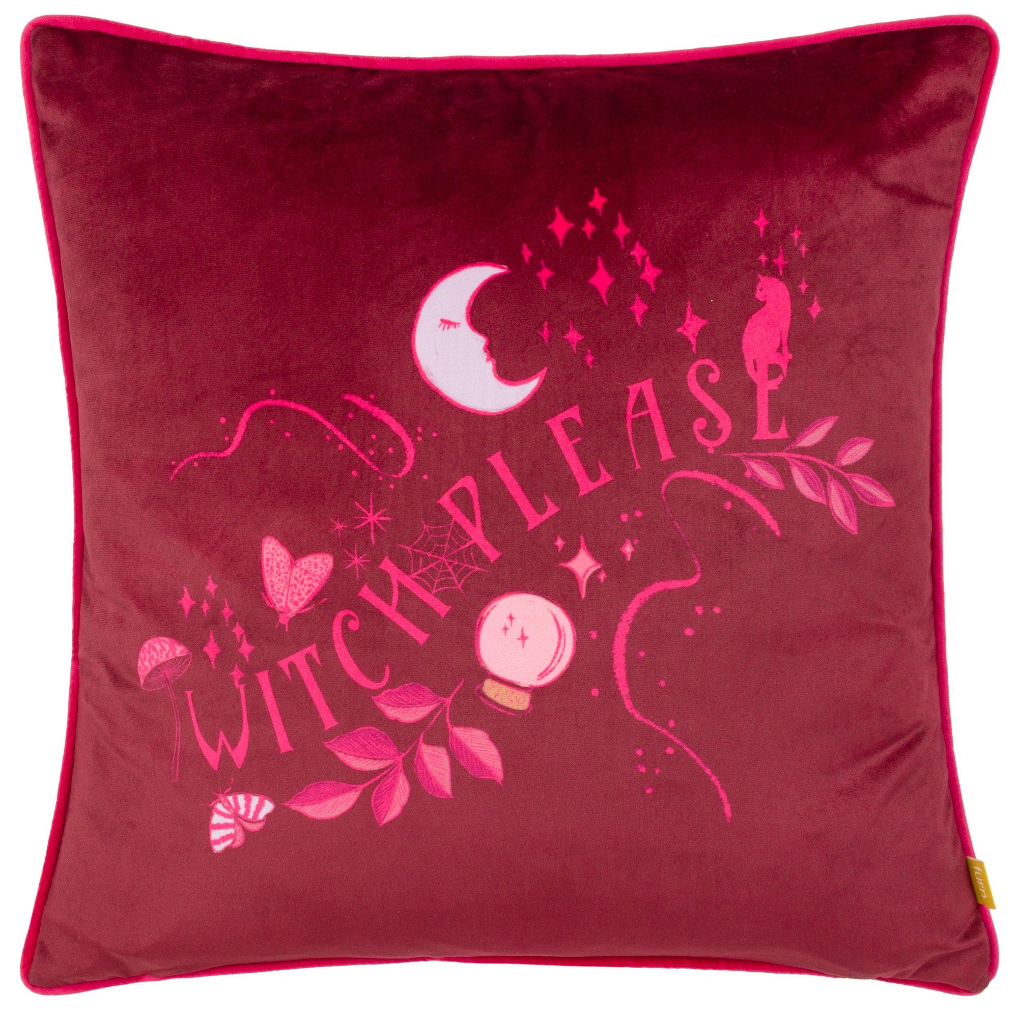 Purple velvet cushion featuring the text "Witch Please" in pink, adorned with moon, stars, and witch-themed illustrations, with a piped edge. Size 43 cm x 43 cm.