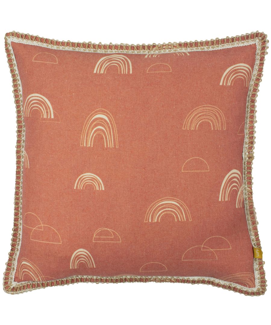 Square red cushion featuring a playful rainbow pattern in cream, with a textured beige trim along the edges, measuring 50 cm x 50 cm.
