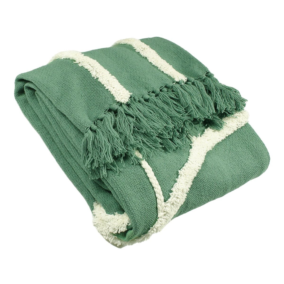 Green cotton throw blanket featuring tufted white stripes and tassels, showcasing a soft texture and cozy design, perfect for adding a pop of color to any space.