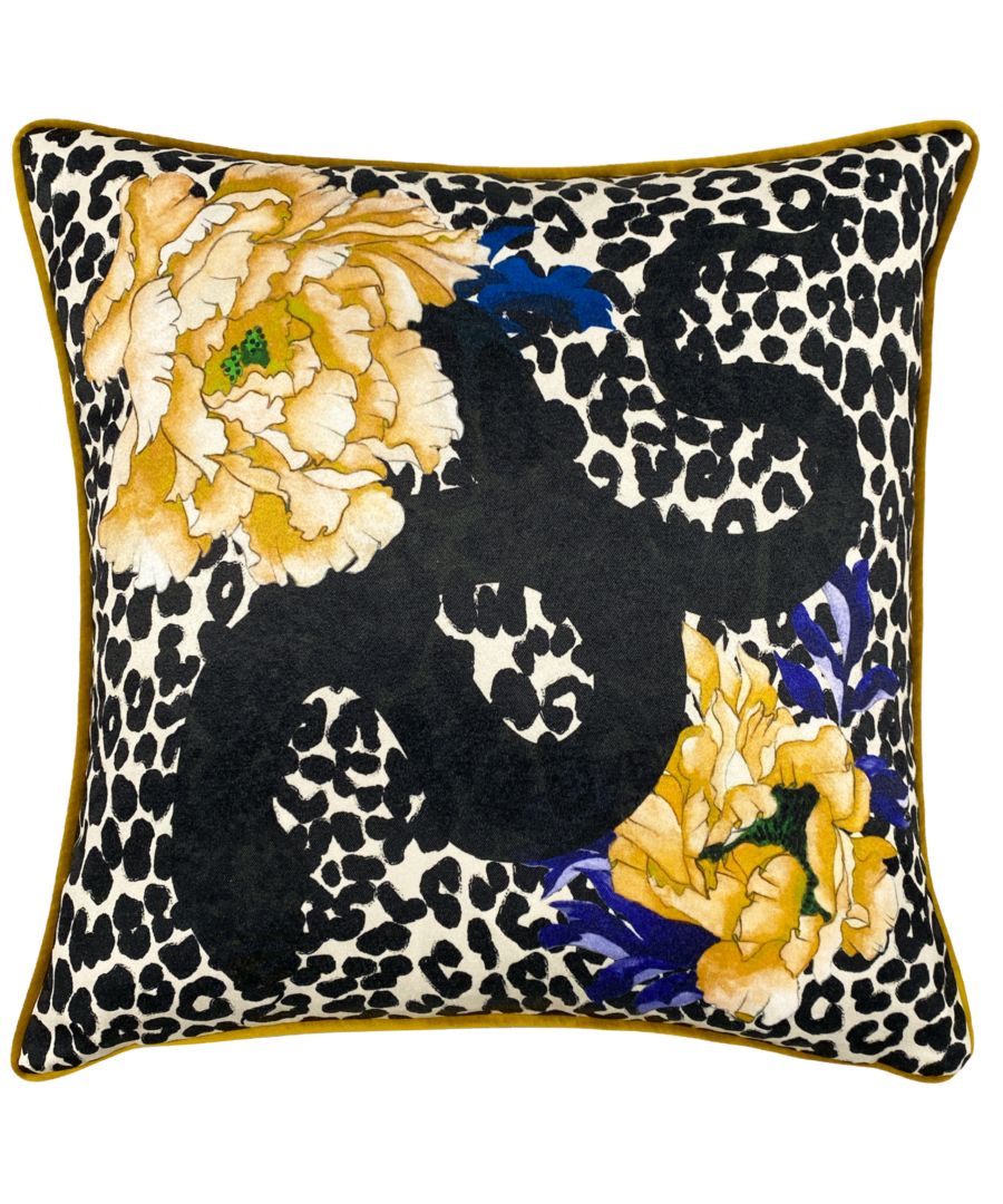 Yellow and black serpentine animal print cushion featuring vibrant floral designs, made from soft fabric with a contrasting yellow piped edge.