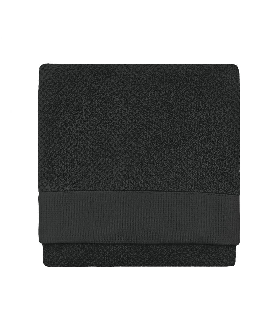 Textured black cotton hand towel with a smooth band at the bottom, designed for versatility and style, measuring one size.